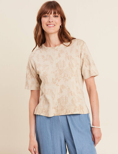 Pull col rond manches courtes beige femme