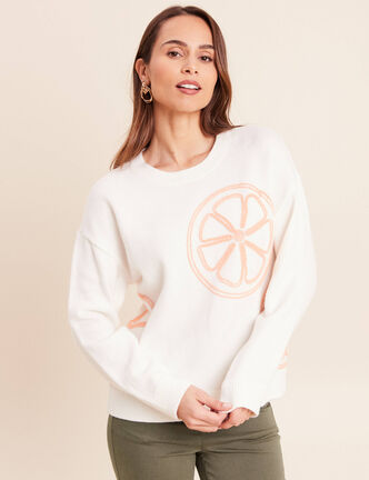 Pull droit col rond manches longues ecru femme