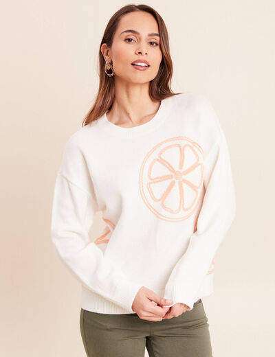 Pull droit col rond manches longues ecru femme