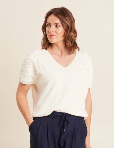 Pull col V manches courtes ecru femme