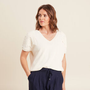 pull col v manches courtes ecru femme Pull col V manches courtes ecru femme