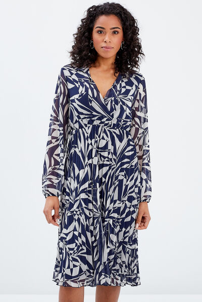 Robe droite bas plissé bleu foncé femme