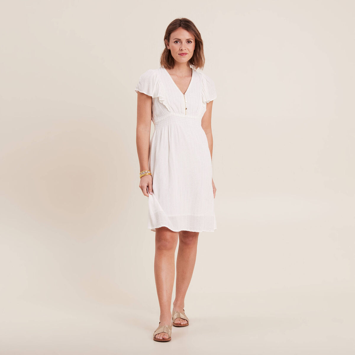 Robe droite fluide smock&eacute;e ecru femme