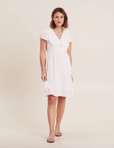 Robe droite fluide smockée ecru femme