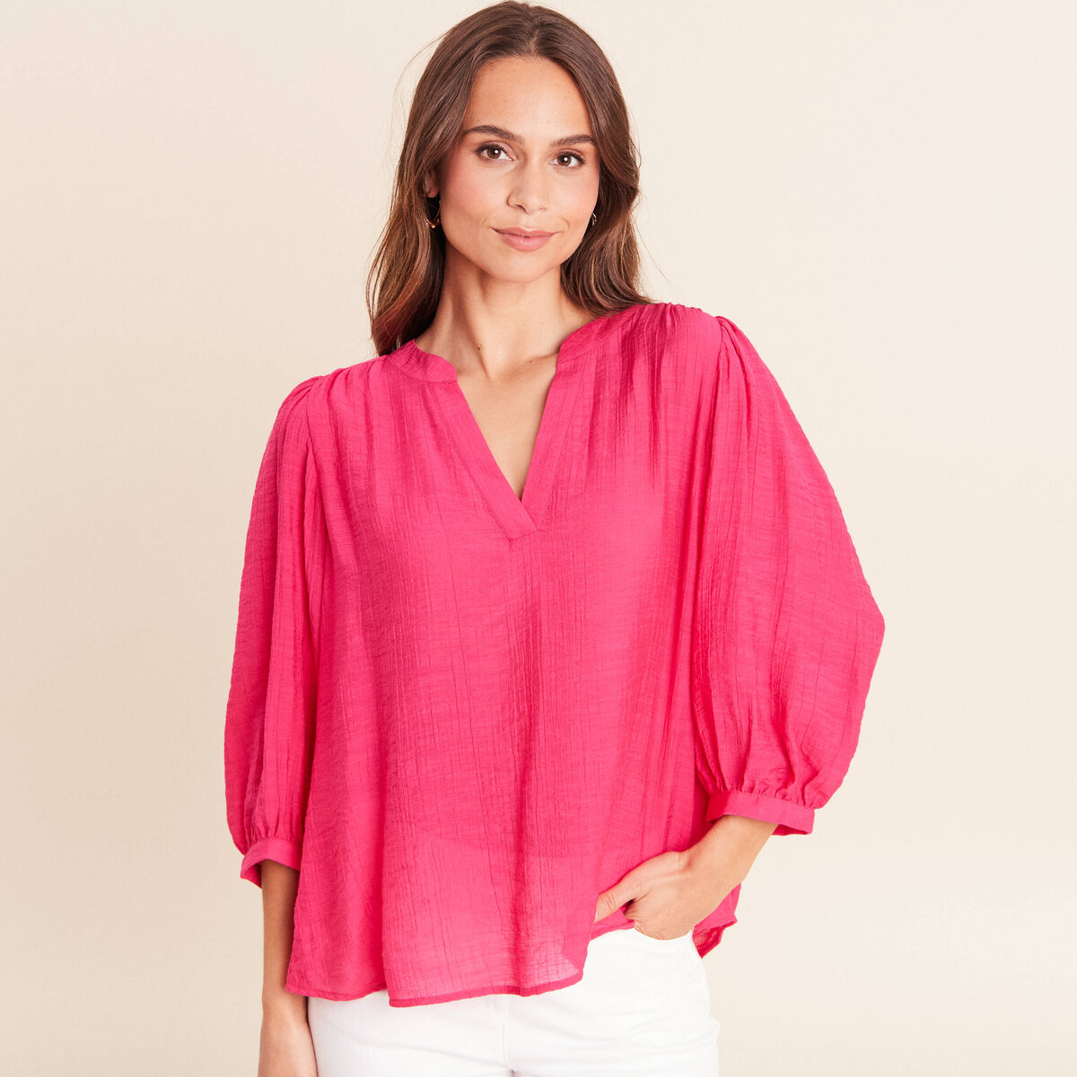 Blouse ample col tunisien manches 3/4 rose fushia femme