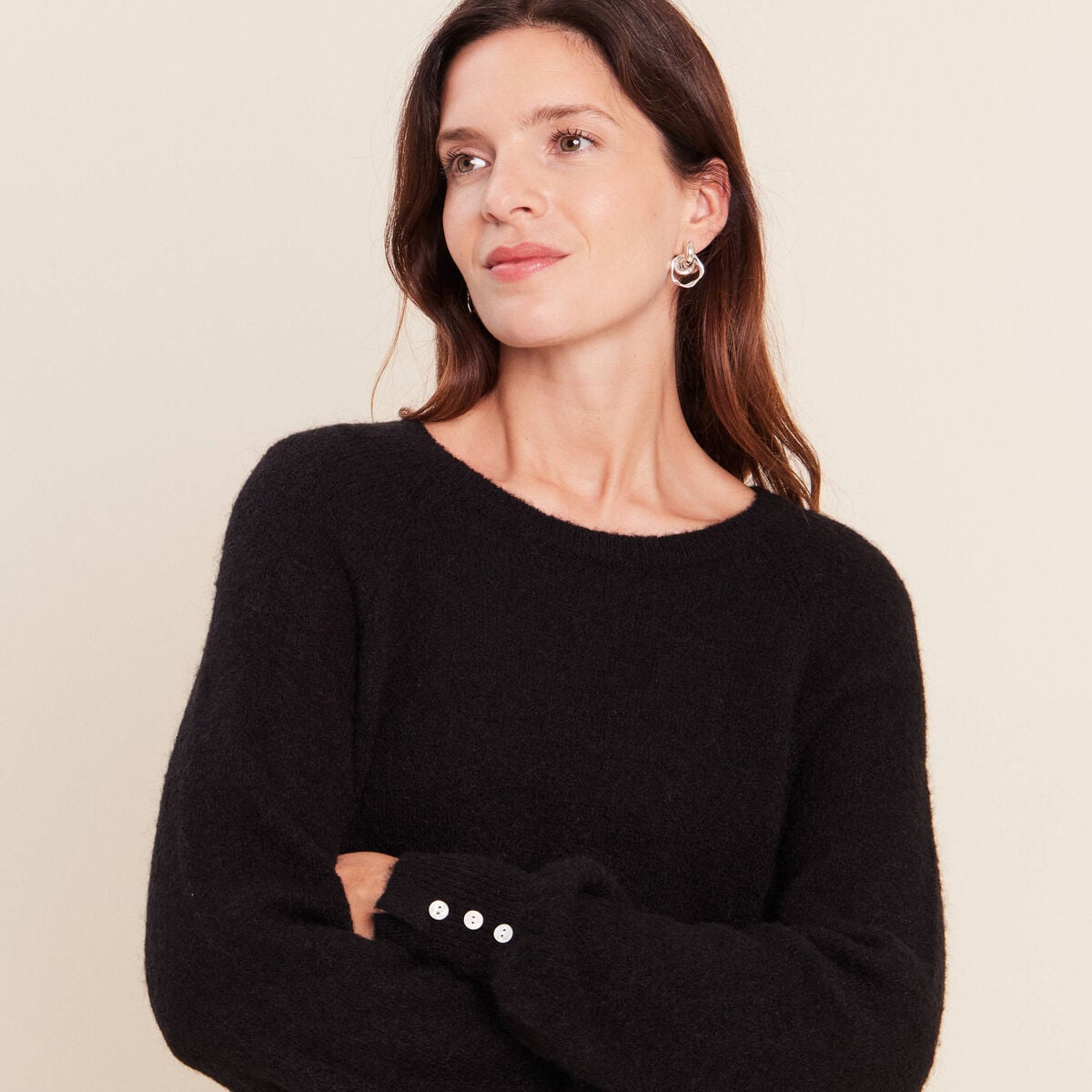 Pull col rond manches longues noir femme