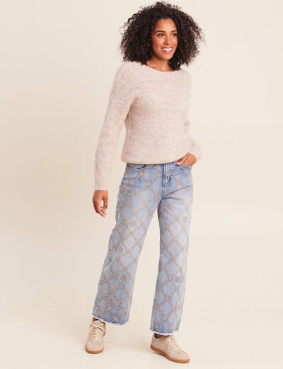 Jean taille haute avec broderie blanc femme