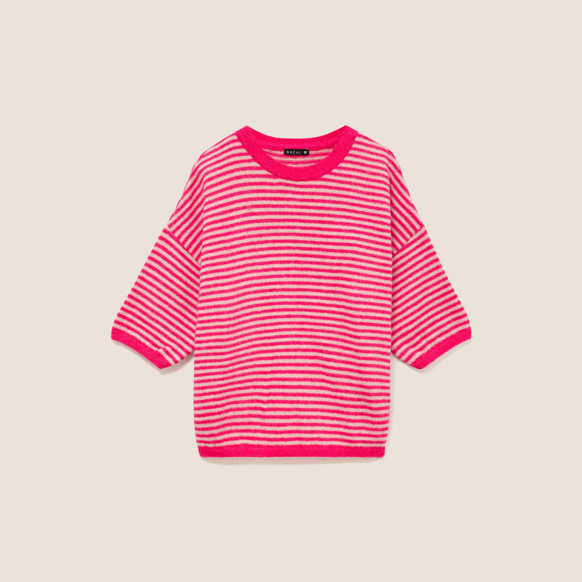 Pull droit col rond manches 3/4 rose femme