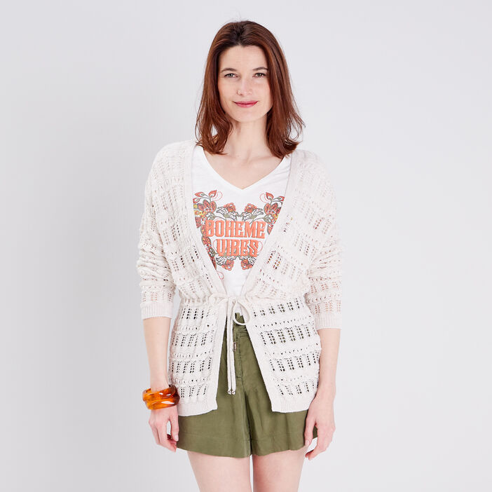 Gilet manches longues ajouré ecru femme
