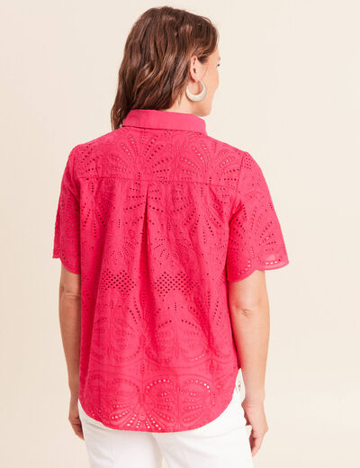 Chemise manches courtes brod&eacute;e rose fushia femme