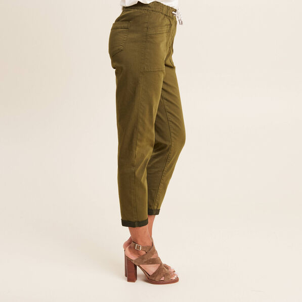 Pantalon coupe droite à coulisse vert olive femme