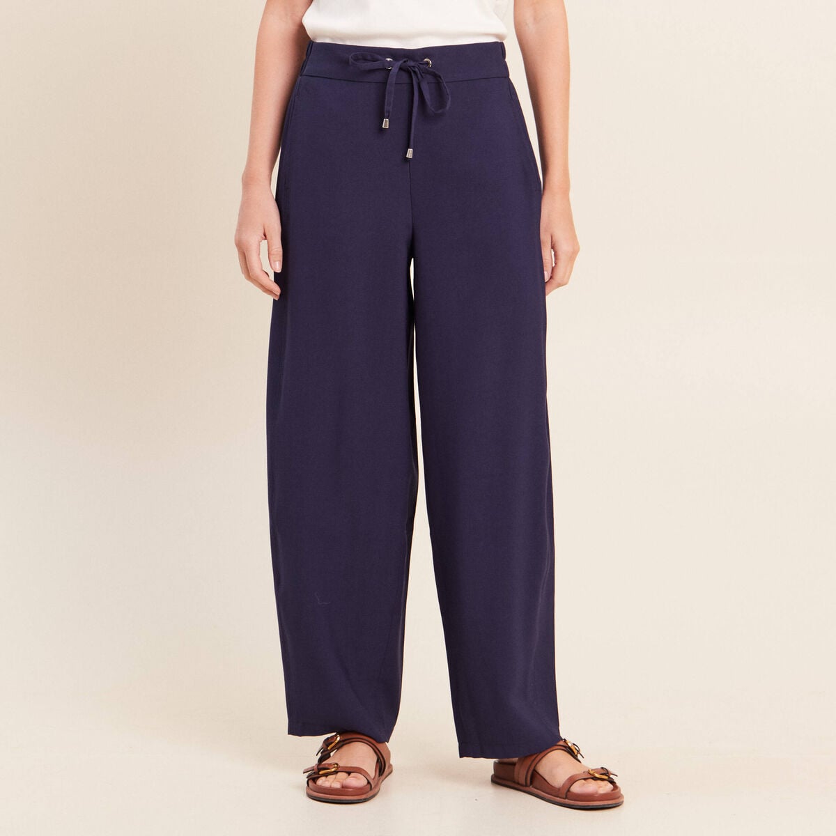 Pantalon large taille haute bleu marine femme