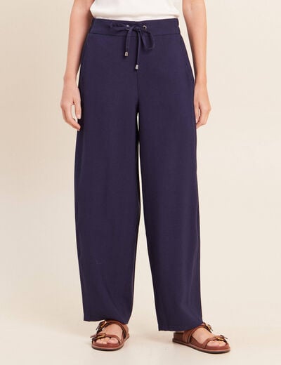 Pantalon large taille haute bleu marine femme
