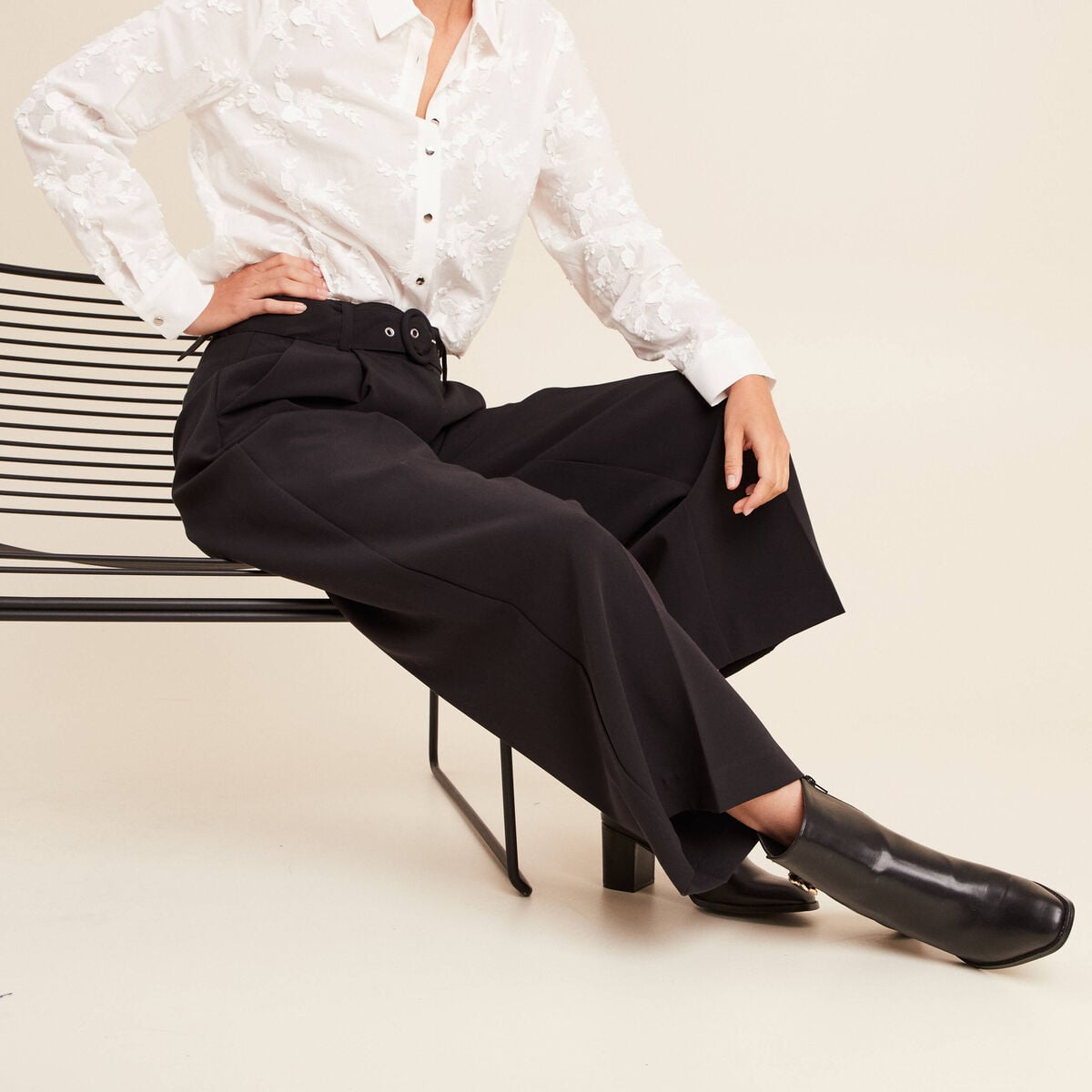 Pantalon droit 7/8&egrave;me taille haute noir femme