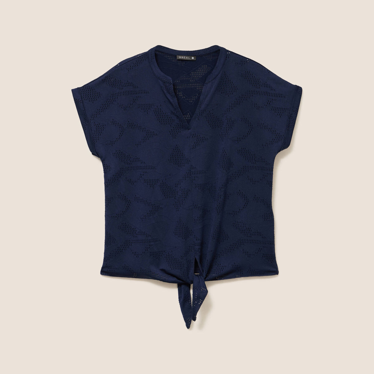 T-shirt col tunisien manches courtes bleu marine femme