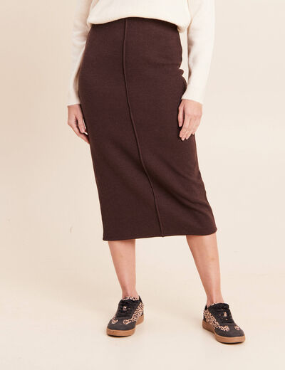 Jupe longue droite en maille marron fonc&eacute; femme