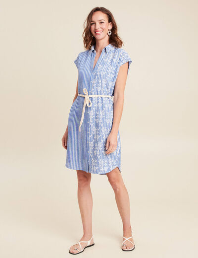 Robe droite courte col chemise ceinture bleu clair femme