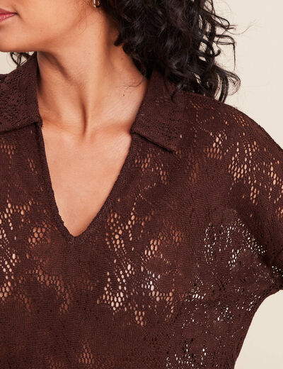 Polo manches 3/4 aspect dentelle marron fonc&eacute; femme