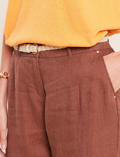 Pantalon coupe chino en lin ceintur&eacute; marron fonc&eacute; femme
