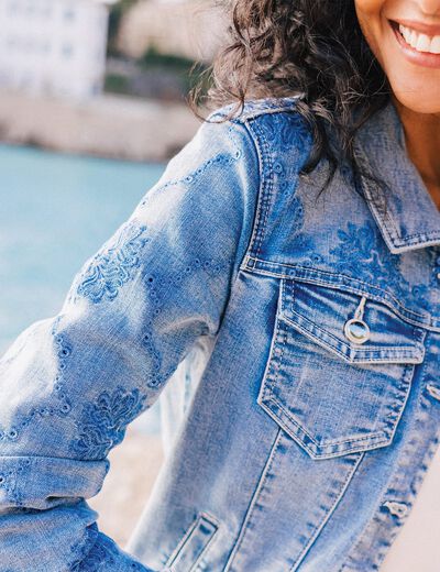 Veste en jean brodée denim double stone femme