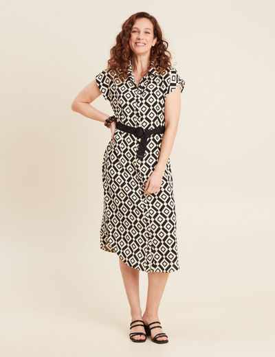 Robe longue droite ceinturée noir femme