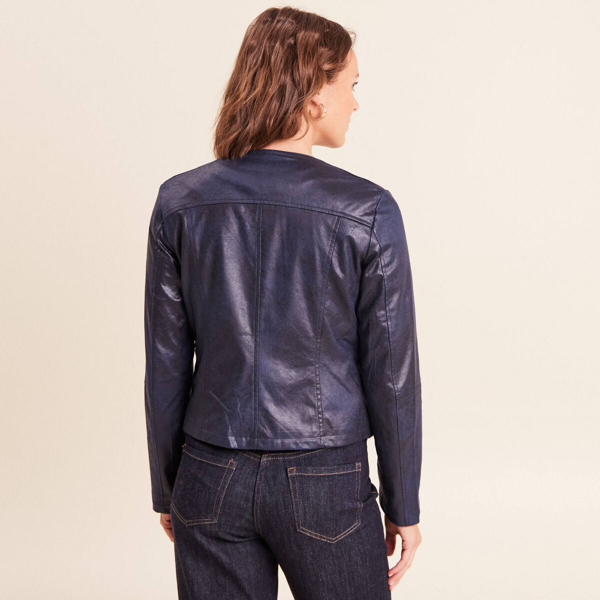 Veste droite zipp&eacute;e bleu fonc&eacute; femme