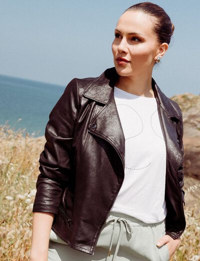 Veste esprit motard zippée marron foncé femme