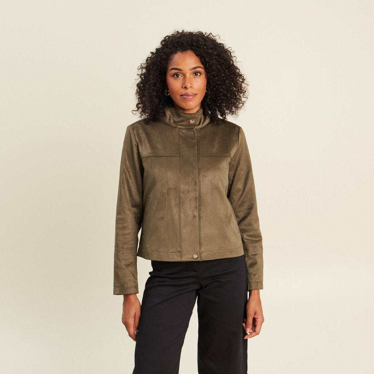 Veste ample col montant doubl&eacute;e vert kaki femme