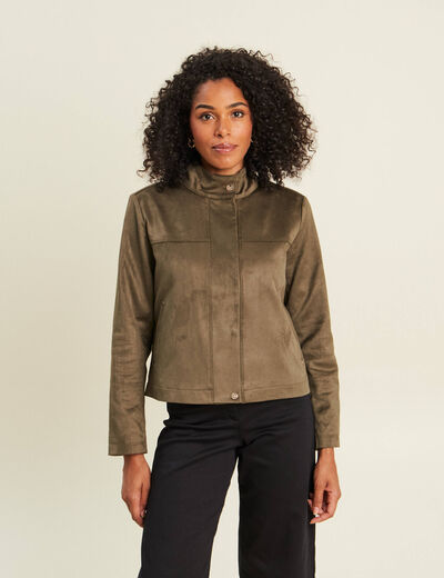 Veste ample col montant doubl&eacute;e vert kaki femme