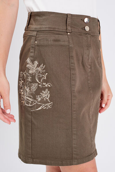 Jupe droite brodée vert kaki femme