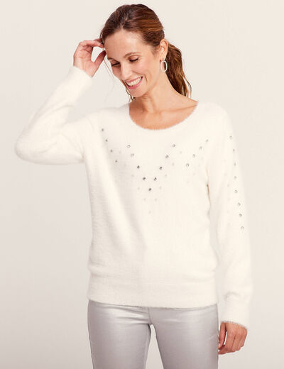 Pull manches longues strass ecru femme