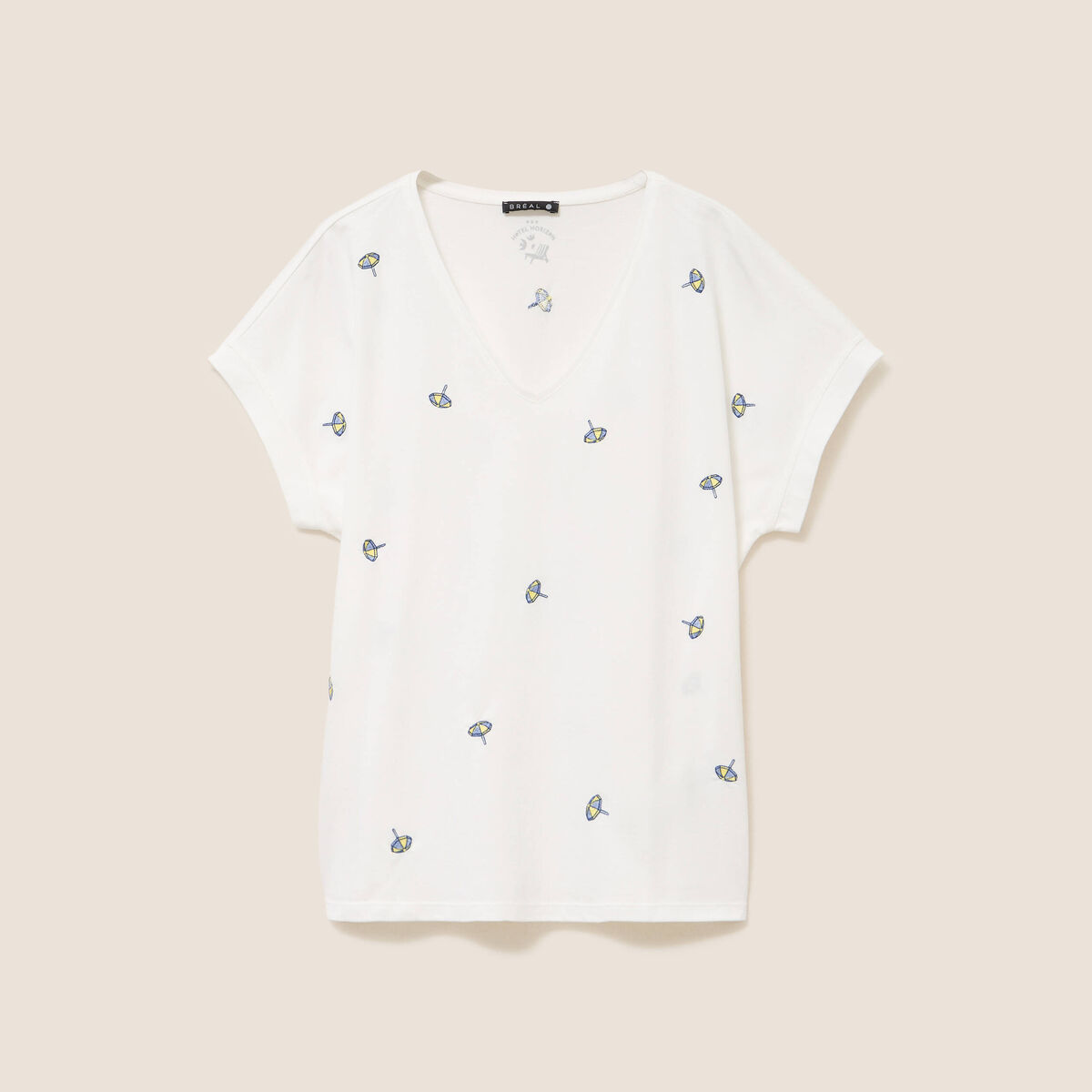 T-shirt col v broderie manches courtes ecru femme