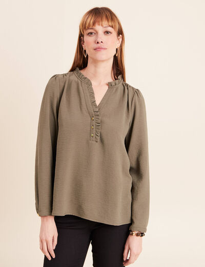Blouse manches longues col ras du cou vert kaki femme