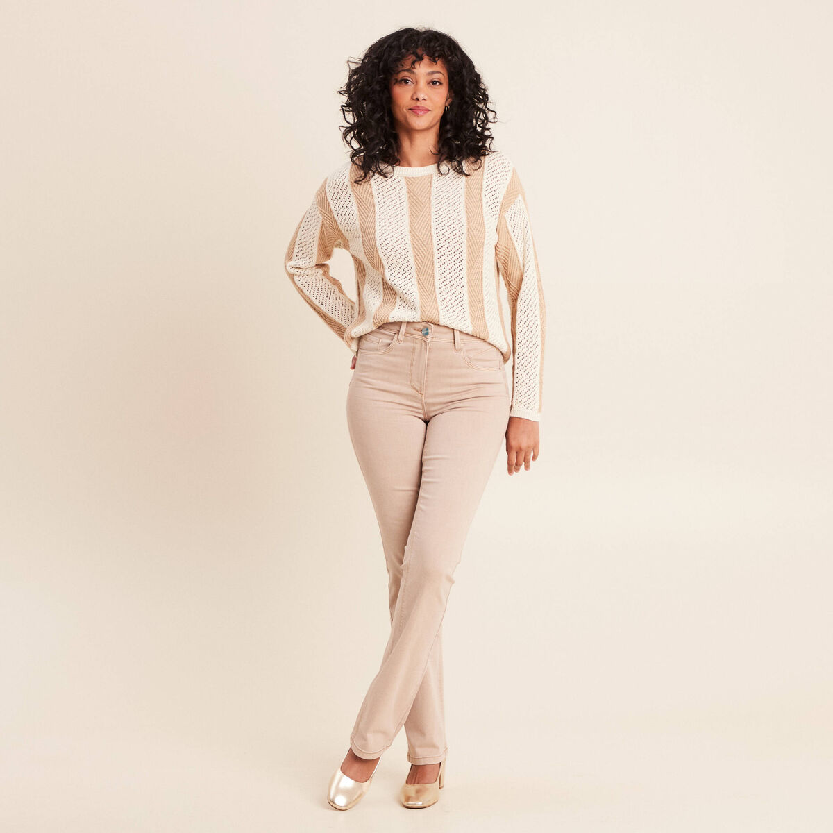 Pull col rond manches longues marron femme