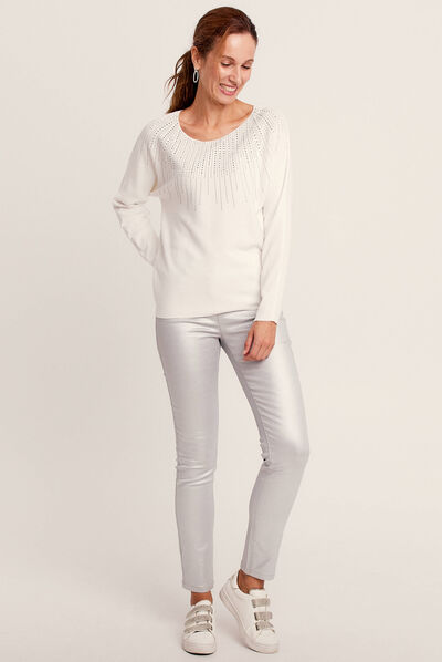 Pull manches longues strass ecru femme