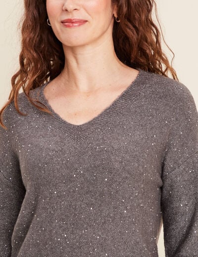 Pull col v manches longues &agrave; sequins gris fonc&eacute; femme