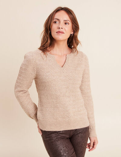 Pull col tunisien manches longues beige femme