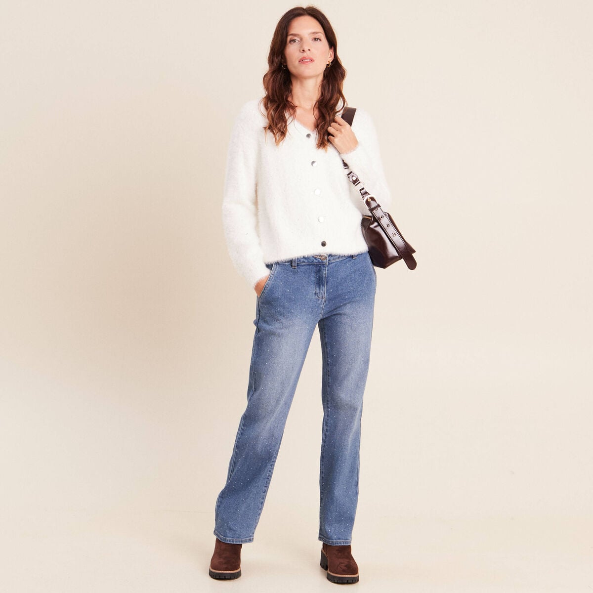 Gilet col V &agrave; sequins ecru femme