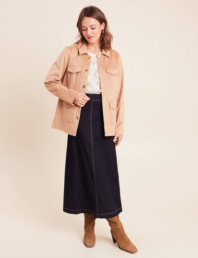 Jupe longue &eacute;vas&eacute;e en jean denim brut femme