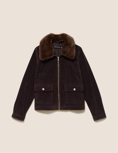 Blouson droit velours manches longues marron fonc&eacute; femme