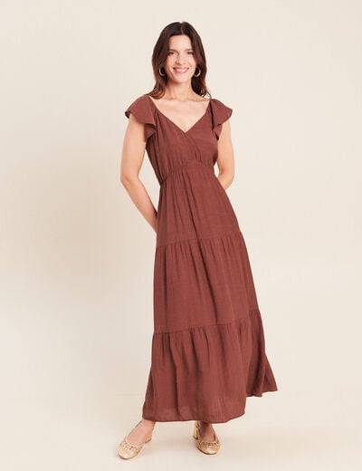 Robe longue &eacute;vas&eacute;e manches courtes marron femme