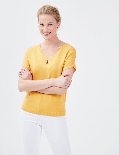 Pull manches courtes jaune moutarde femme