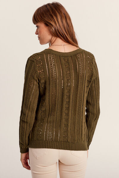Gilet ajouré manches longues vert olive femme