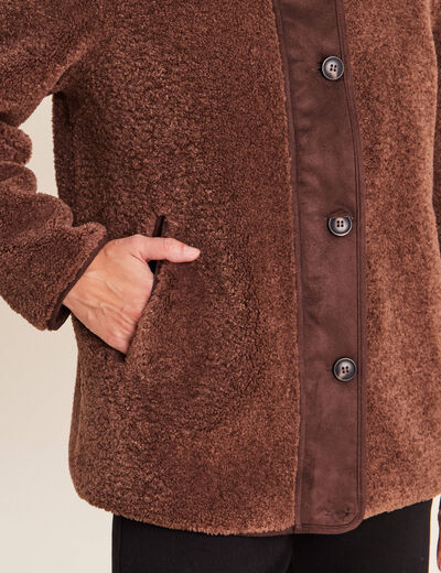 Manteau manches longues col montant marron fonc&eacute; femme
