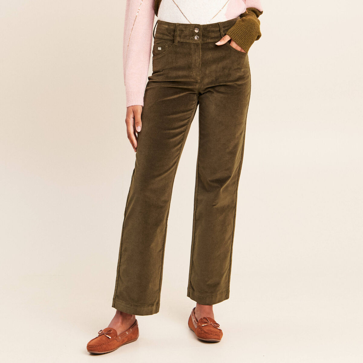 Pantalon taille haute en velours vert kaki femme