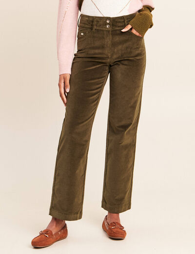 Pantalon taille haute en velours vert kaki femme