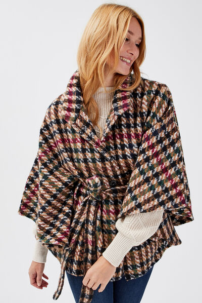 Poncho boutonné ceinturé ecru femme