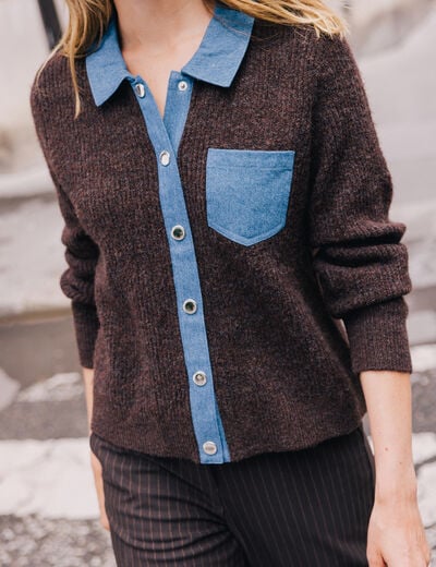 Veste col chemise manches longues marron fonc&eacute; femme