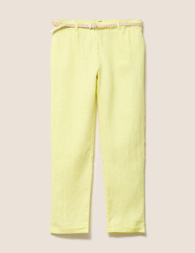 Pantalon coupe chino en lin ceintur&eacute; jaune clair femme