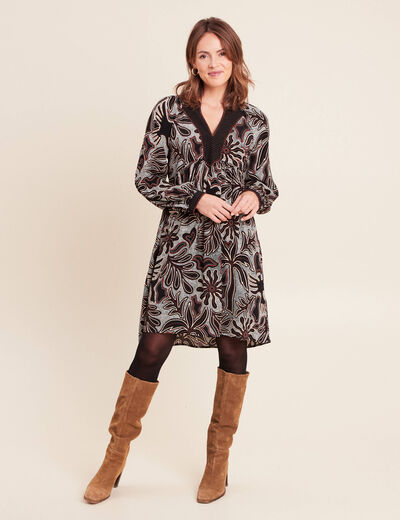 Robe fluide col v manches longues noir femme